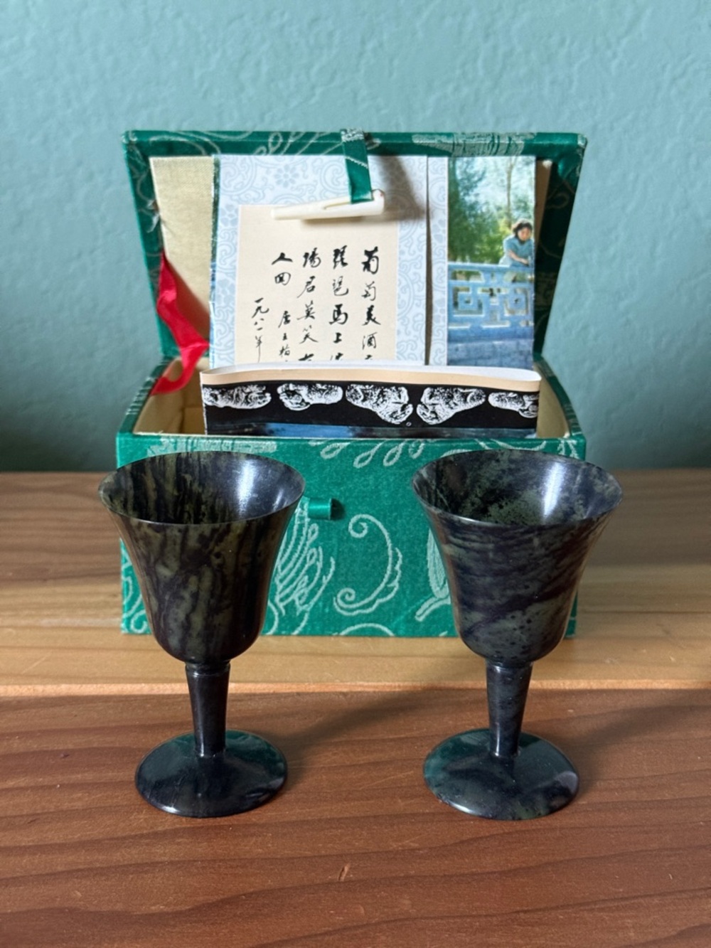 Chinese Jade Stone Wine Cups Set 2 Goblets Box Vintage 3”